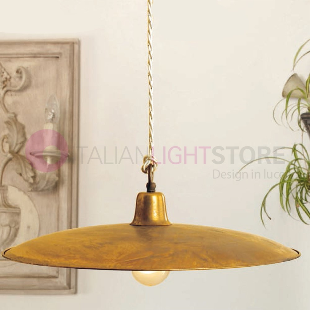 TEO Sospensione Piatto Rustico D. 43 Ottone Anticato Stile Vintage Country FEBOLIGHT