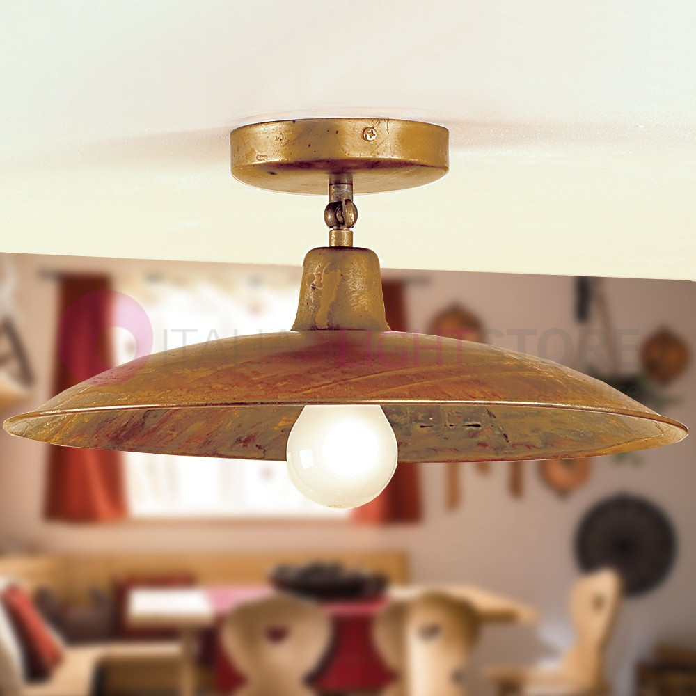 TEO Plafoniera a Soffitto Rustica in Ottone Anticato Piatto d.43 Vintage Country FEBOLIGHT