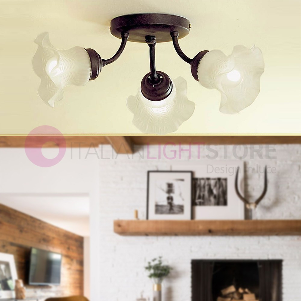 TULIP Plafoniera a Soffitto Rustica Classica a 3 Luci con vetri satinati FEBOLIGHT