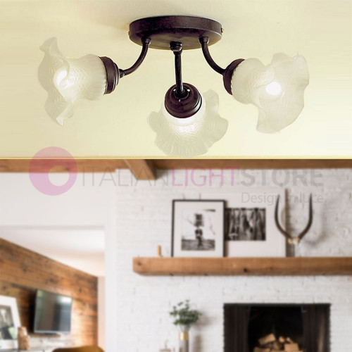 TULIP lumière de Plafond Plafond Rustique Classique 3 Light satin avec des panneaux de verre FEBOLIGHT