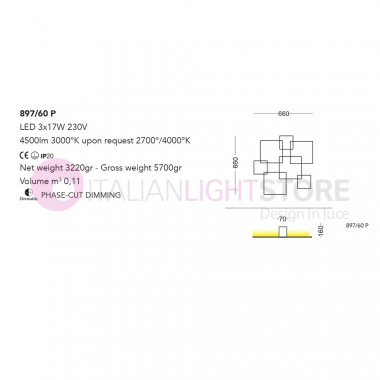 BASALT CATTANEO 897/60P-Lampe Decken-Leuchte Moderne Led-Integrierter L. 66 x 66