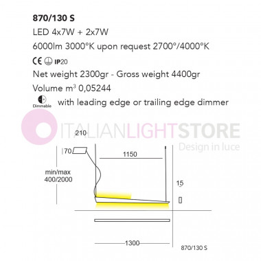 KATANA CATTANEO 870/130S Integrated Led Modern Suspension Lamp L. 130