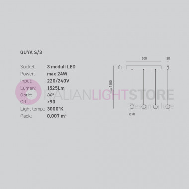 GUYA GEALUCE Modern Suspension 3 Linear Lights L. 60 LED Integrated