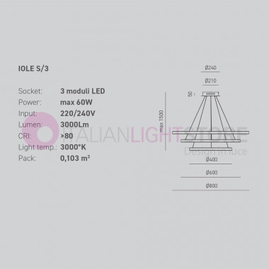 IOLE GEALUCE IOLE-S3 Moderne Aufhängung mit 3 Leuchtkreisen d.80 led integriert