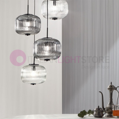 ODETTE Modern Suspension Lamp with 8 lights in Striped Blown Glass