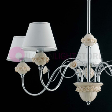Lámpara rosaluna con 5 luces cromadas con rosas cerámicas