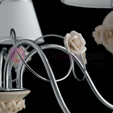 Lámpara rosaluna con 5 luces cromadas con rosas cerámicas