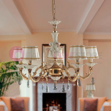POSITANO Classic 5-light chandelier in brass and Capodimonte ceramic