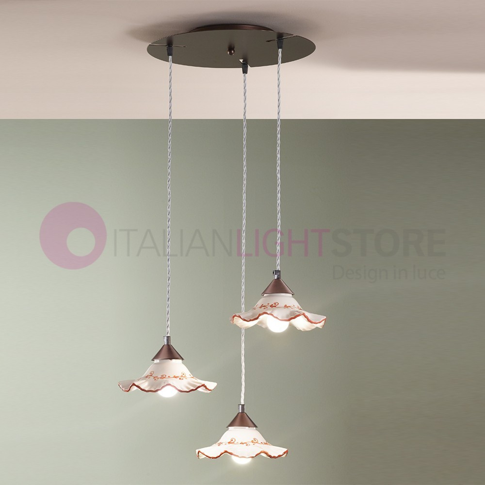 HOPE Rustic Suspension Lamp with 3 Lights in Decorated Ceramic