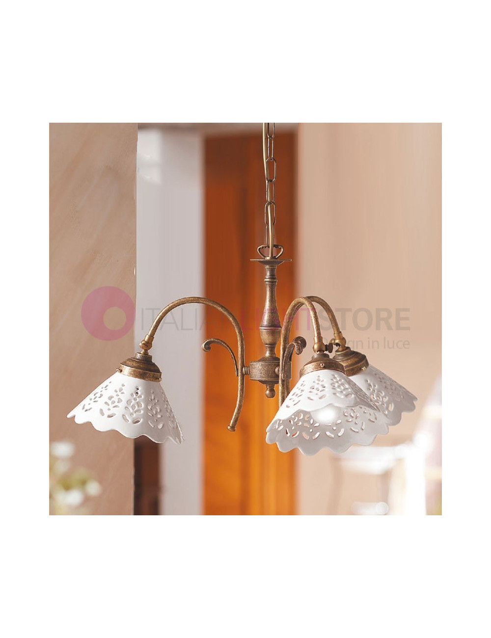 VOLTERRA Kronleuchter 3 Lichter-Messing Keramik Landhausstil Country VOLTERRA Kronleuchter 3 Lichter-Messing Keramik Landhausstil Country
