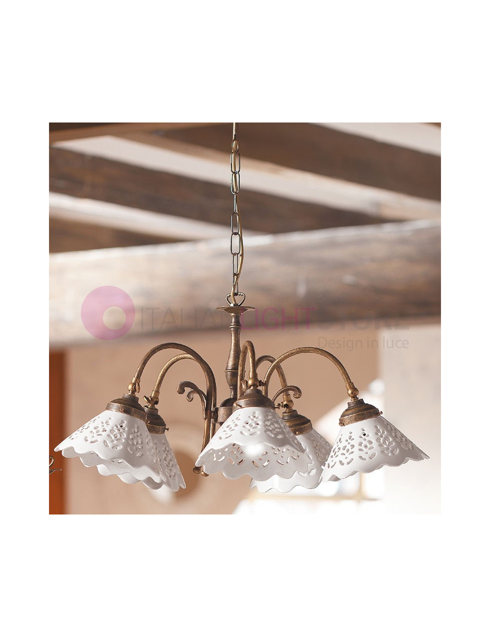 VOLTERRA Lampadario 5 Luci Ottone e Ceramica Rustico Country