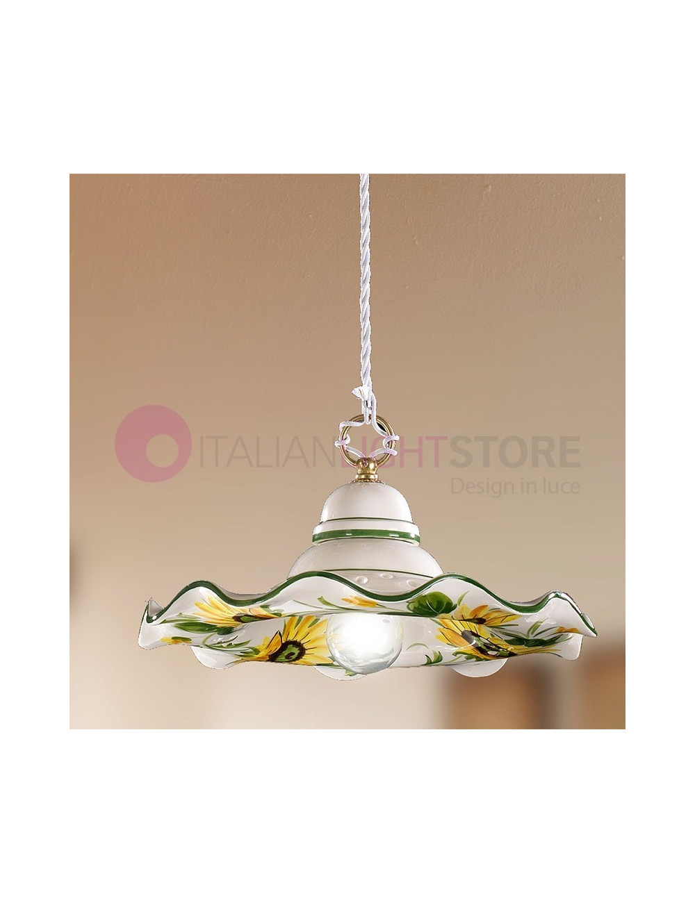 GIRASOLE Rustic Pendant Lamp in Ceramic D.32 Sunflowers Motif