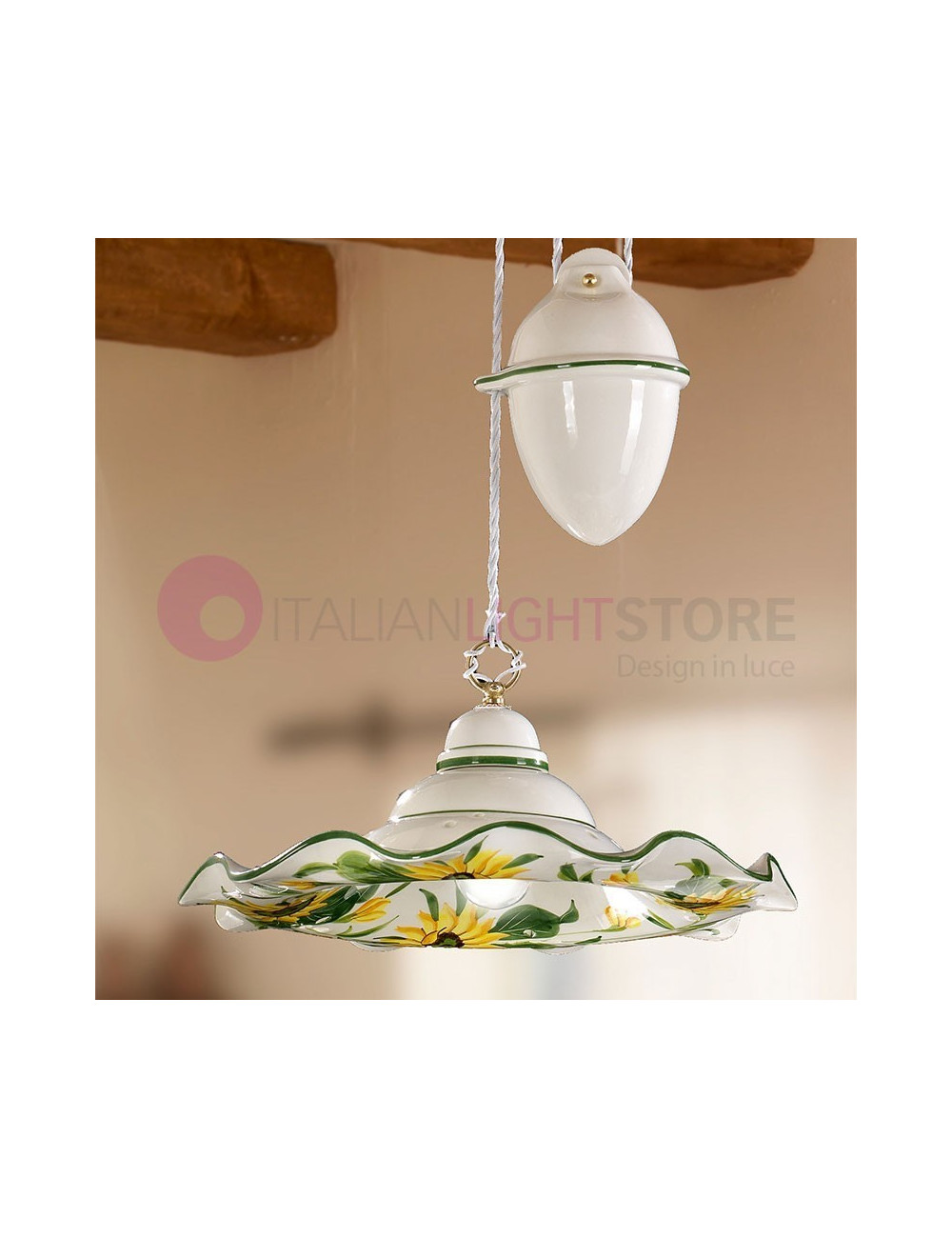 GIRASOLE Height-Adjustable Pendant Lamp in Ceramic D.41 Sunflowers Motif