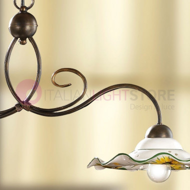 GIRASOLE Lustre rustique à 2 lampes fer forgé et céramique fleurs de tournesol