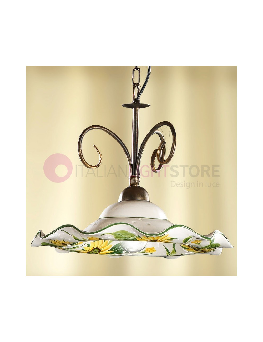 GIRASOLE Luminaire suspension fer forgé et céramique fleurs de tournesol