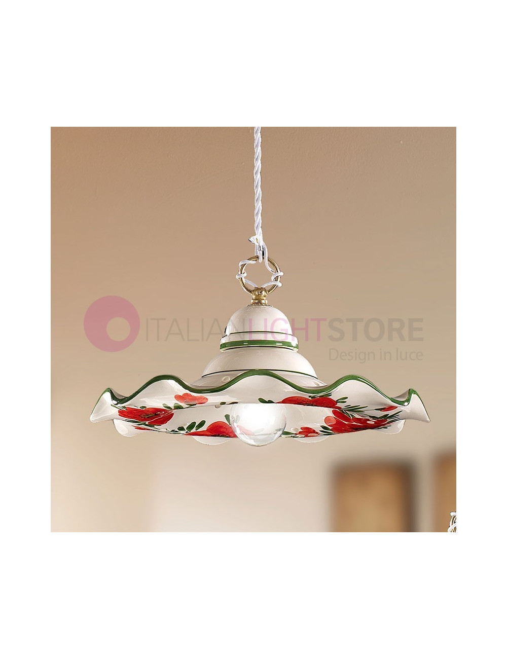 PAPAVERI Rustic Pendant Lamp in Ceramic D.32 Red Poppies Motif