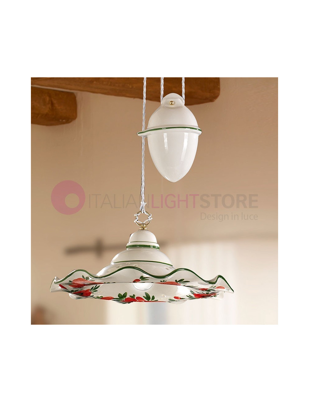 PAPAVERI Height-Adjustable Pendant Lamp in Ceramic D.40 Red Poppies Motif PAPAVERI Height-Adjustable Pendant Lamp in Ceramic D.40 Red Poppies Motif