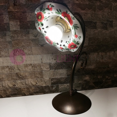 PAPAVERI Lampe à poser rustique en fer et céramique fleurs de Coquelicots Rouges