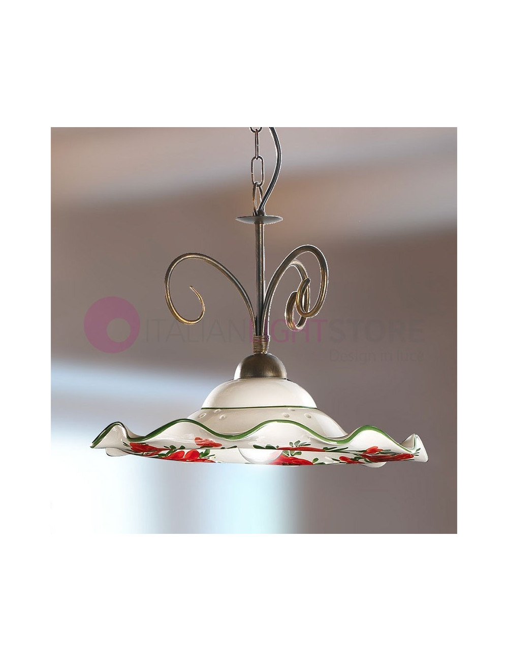 PAPAVERI Country-style Pendant Lamp in Ceramic D.41 Poppies Motif