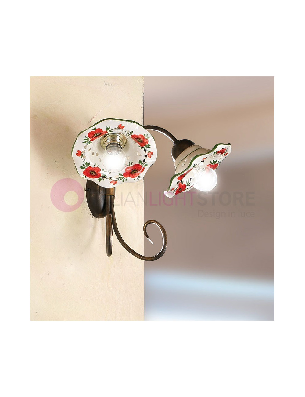 PAPAVERI Wall lamp 2-bulbs ceramic lampshade Poppies motif