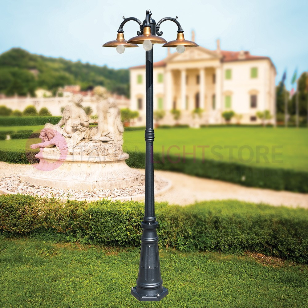 NIKE ANTHRACITE 8161/3L LIBERTI Garden lamppost 3 lights with antique brass plates