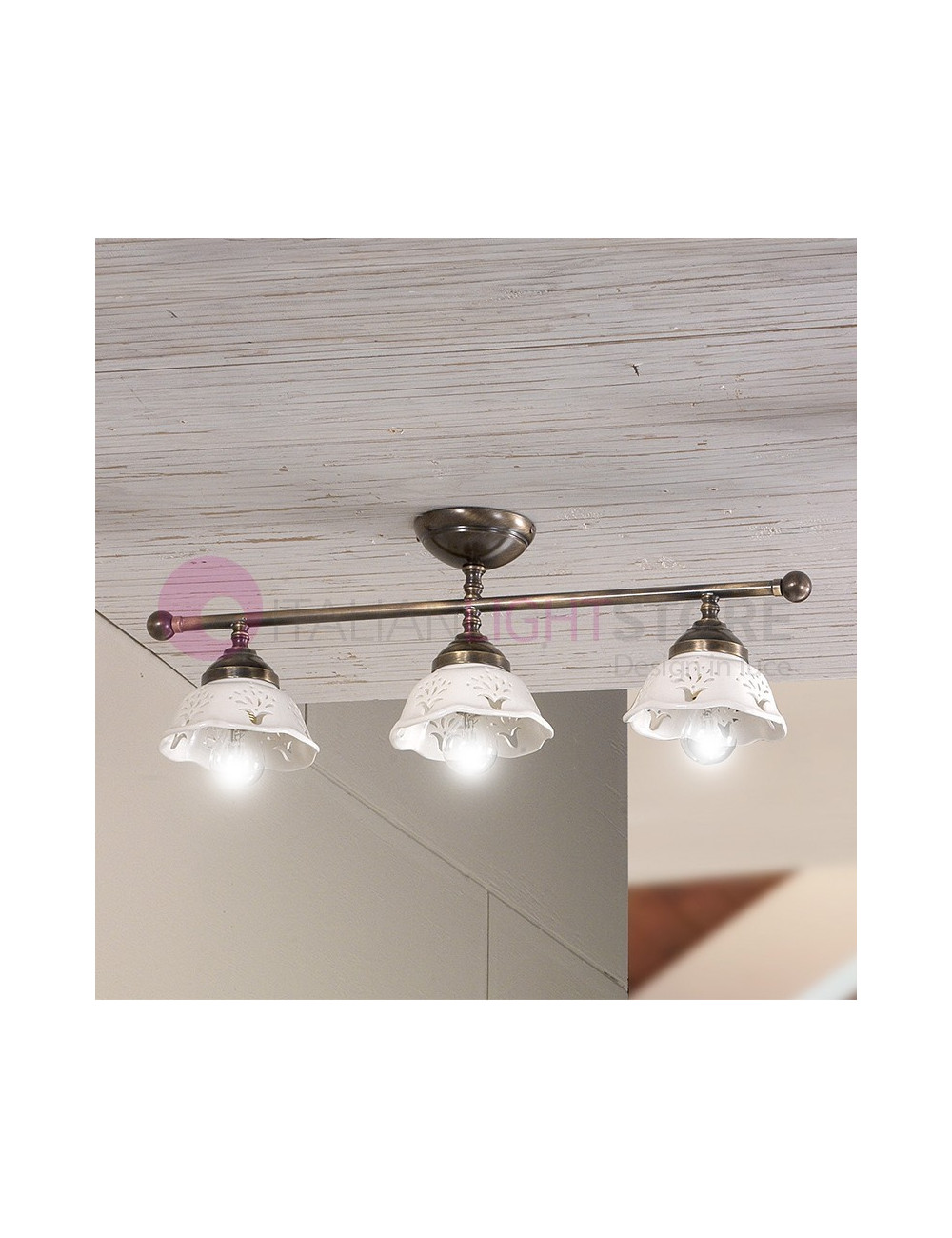 RIPARBELLA Ceiling light with 3 Lights in Ceramic and Brass Rustic Country