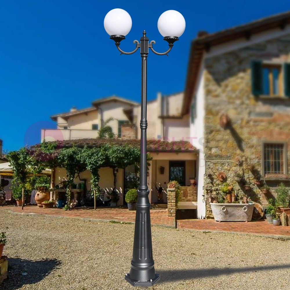 ORIONE ANTHRACITE 1833/2L LIBERTI LAMP Lamppost with 2 lights for Outdoor Garden with spheres globes polycarbonate d.25