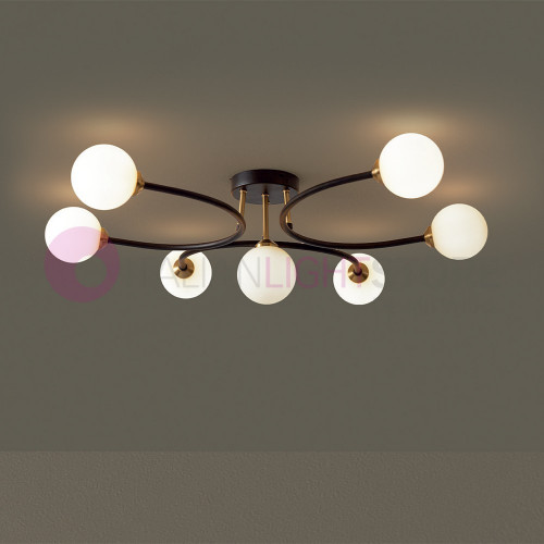 BYRON 1127/C7 PADANA CHANDELIERS Ceiling lamp with 7 Lights Modern with glass spheres white blown glass