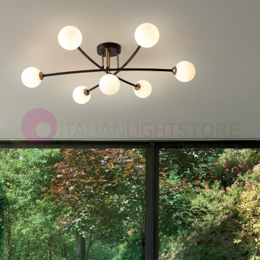 BYRON 1127/D7 PADANA LAMPADARI Plafoniera a Soffitto a 7 Luci Moderna con vetri sfere vetro soffiato bianco