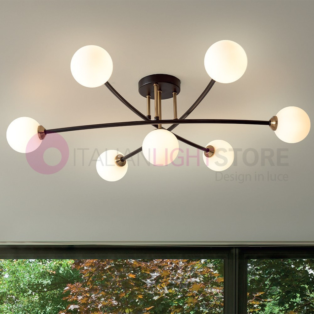 BYRON 1127/D7 PADANA CHANDELIERS Ceiling lamp with 7 Lights Modern with glass spheres white blown glass