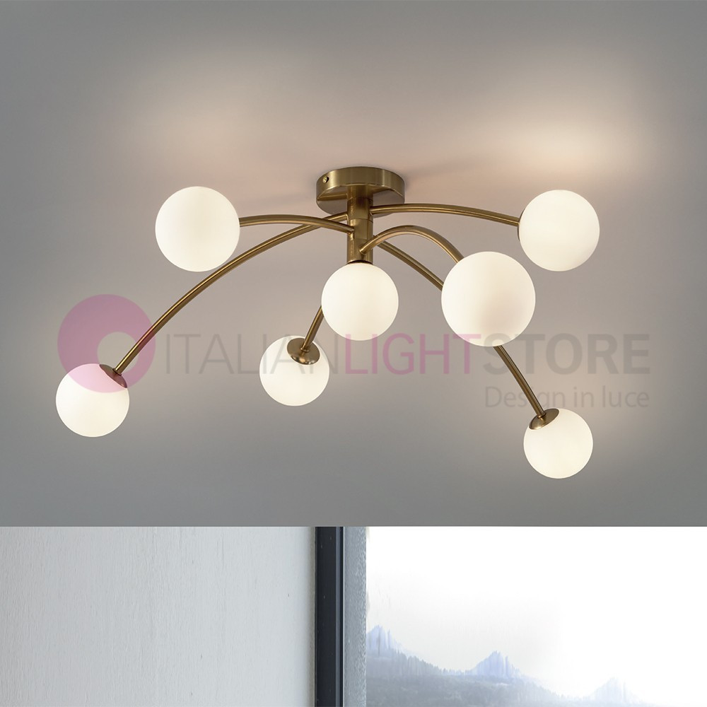 DANTE 1125/7 PADANA LAMPADARI Plafoniera a Soffitto a 7 Luci Moderna con vetri sfere vetro soffiato bianco