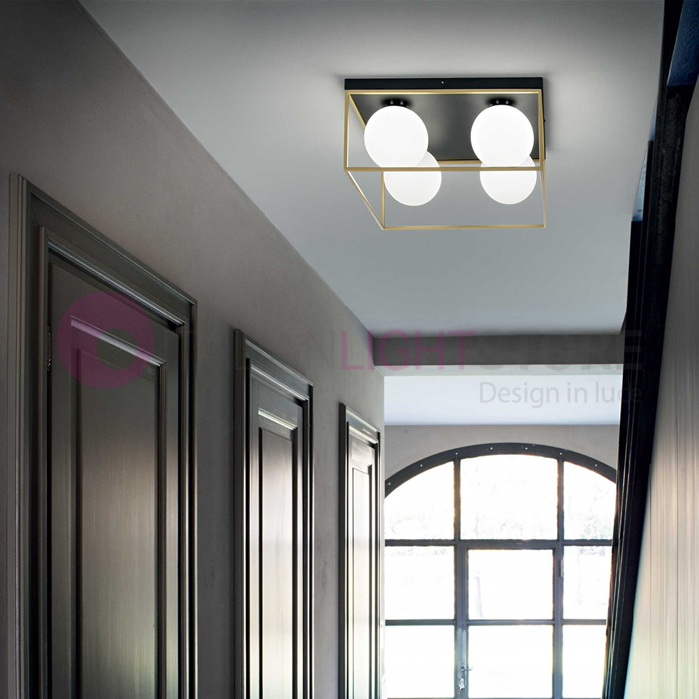 Lingotto Ideal Lux art. 198156 - lampada da soffitto plafoniera a 4 luci con gabbia decorativa in ottone - design moderno