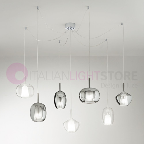 Composition de lustre avec 7 lumières, suspensions en verre miroir transparent et fumé - Rain Perenz Illumina Line