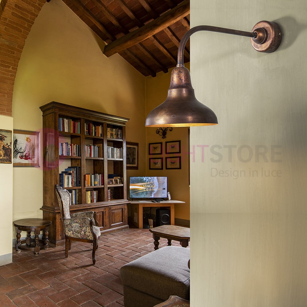 Applique Da Parete In Ottone Brunito Stile Liberty Con Paralume In Ceramica Orientabile - Made In Italy - 3